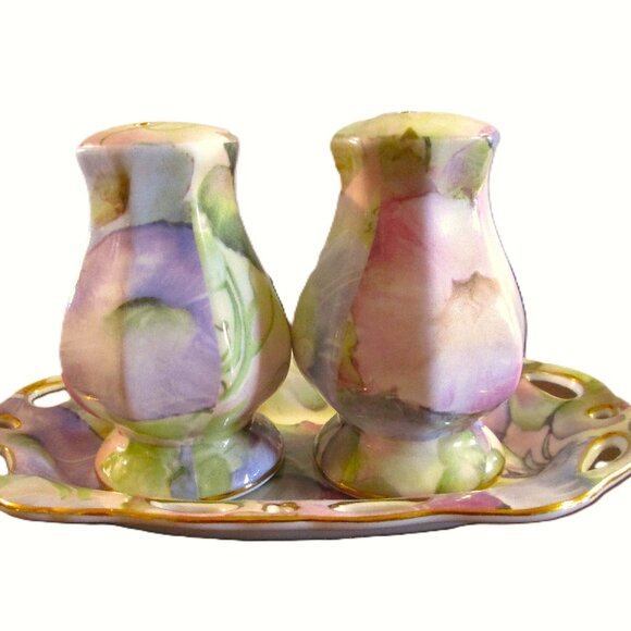 Morning Glory Salt & Pepper on dish by Skye McGhie fine porcelain - Picture 1 of 7